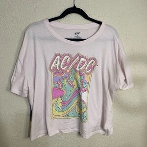 AC/DC Women’s Graphic Crop Top Tshirt Pink Pastel Lightning Clouds Stained XL